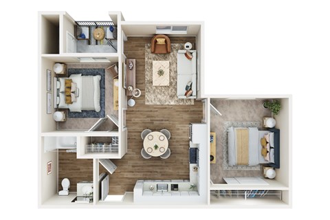 Floor plan for 2 beds, 1 bath, 769 sqft